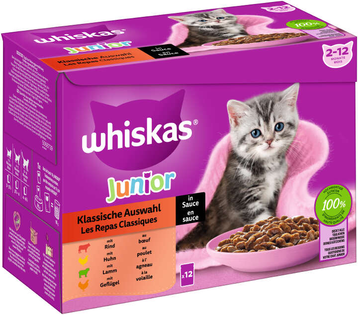 whiskas Katzen-Nassfutter Portionsbeutel Multipack Junior Klassische Auswahl in Sauce 12 x 85g
